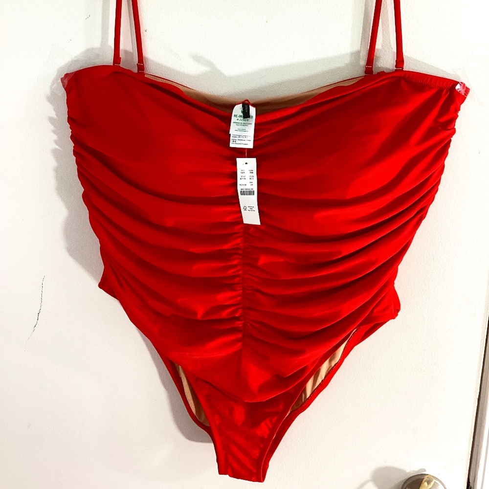 NWT J.CREW RE-IMAGINED SZ 24 ONE PIECE RED SWIMSUIT RUSHED SWEETHEART NECKLINE …